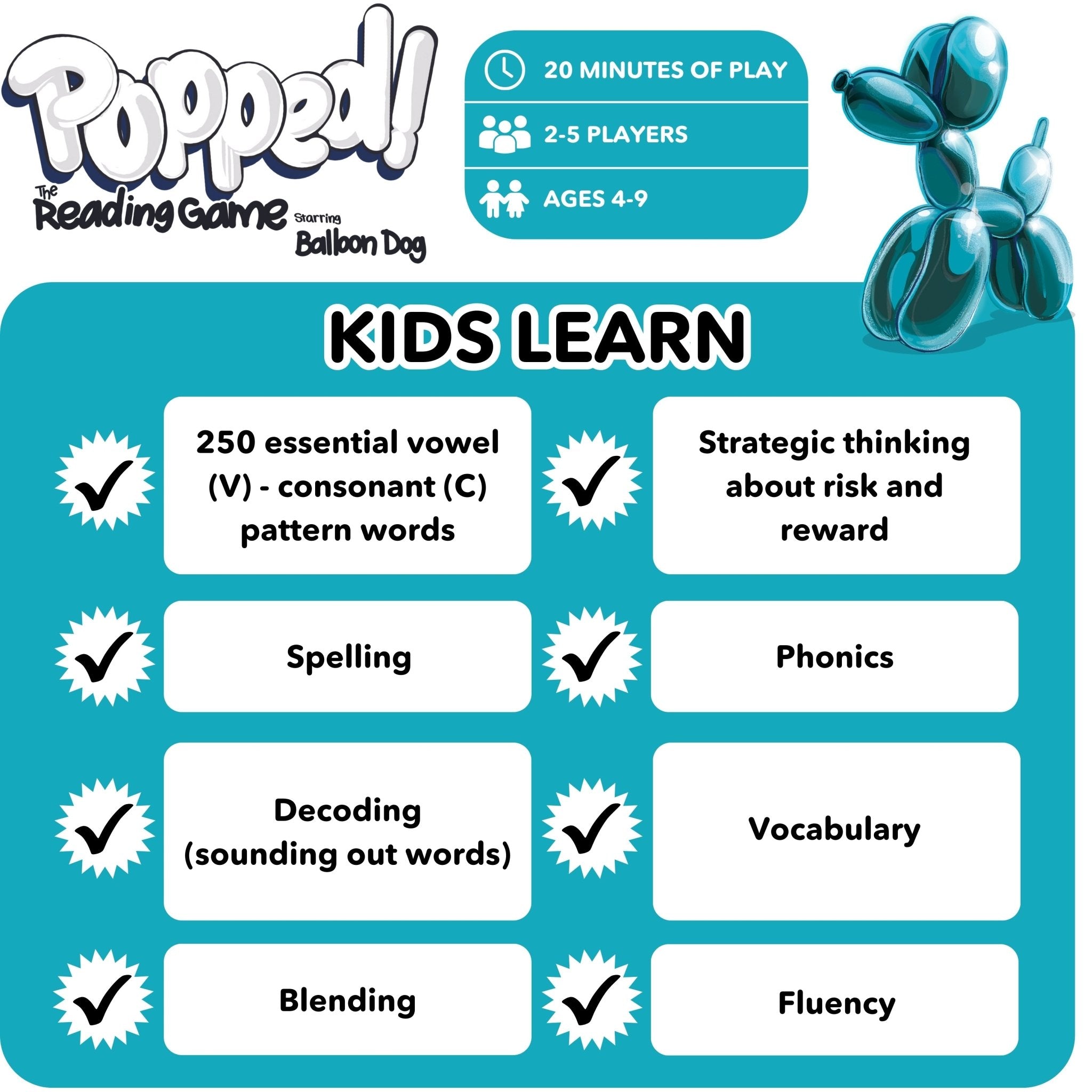 Popped! 250 CVC Word Card Game with Balloon Dog